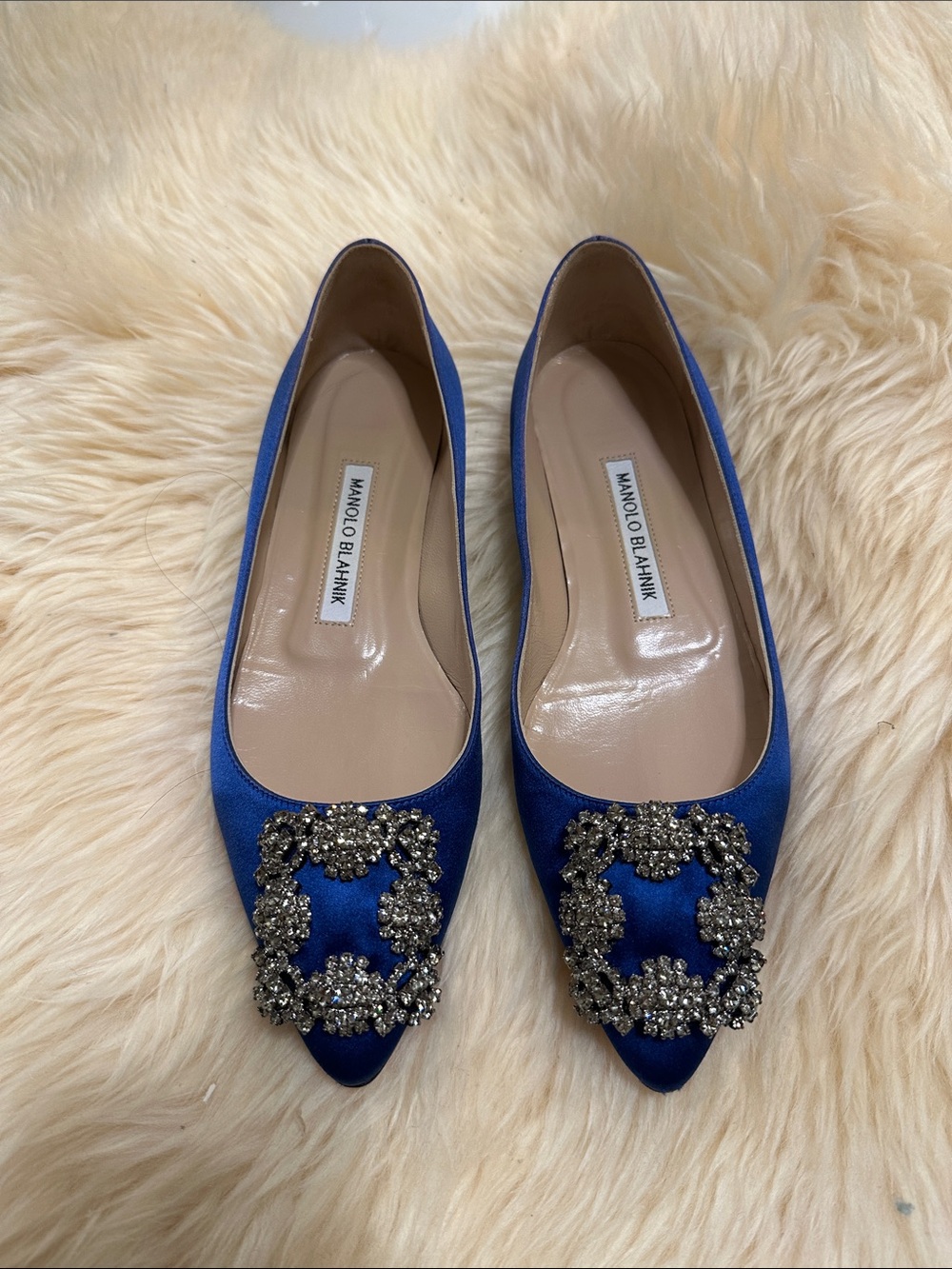Manolo Blahnik Royal Blue Satin Pointed-Toe Flats with Crystal Buckles